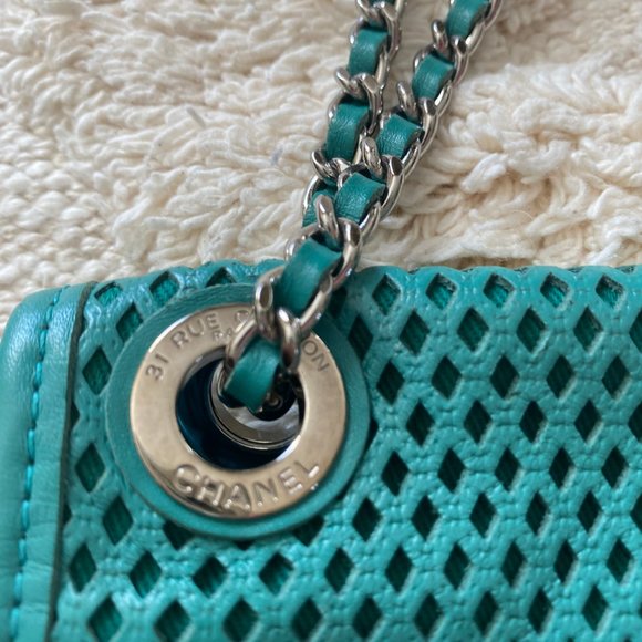 CHANEL Up in the Air Medallion Flap Bag Perforated Purse Turquoise Turn Lock CC - Picture 10 of 16